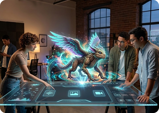 Team using Creature-Gen AI holographic display